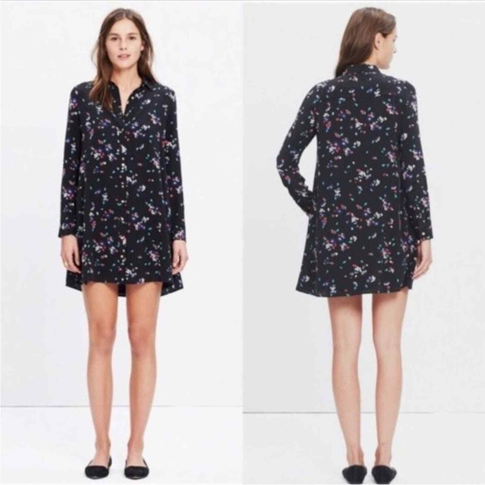 Sezane Paris Black Floral Shirtdress Silk Button Up Long Sleeve Size XS